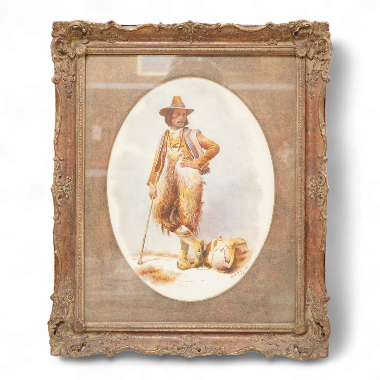 H.B. Taylor, Romanian Shepherd, signed and dated 1888, oval hand painted porcelain plaque, framed, overall 50cm high